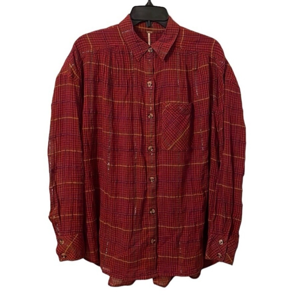 Free People Women's Break My Stride Red Plaid Button Down Boxy Top Size XS